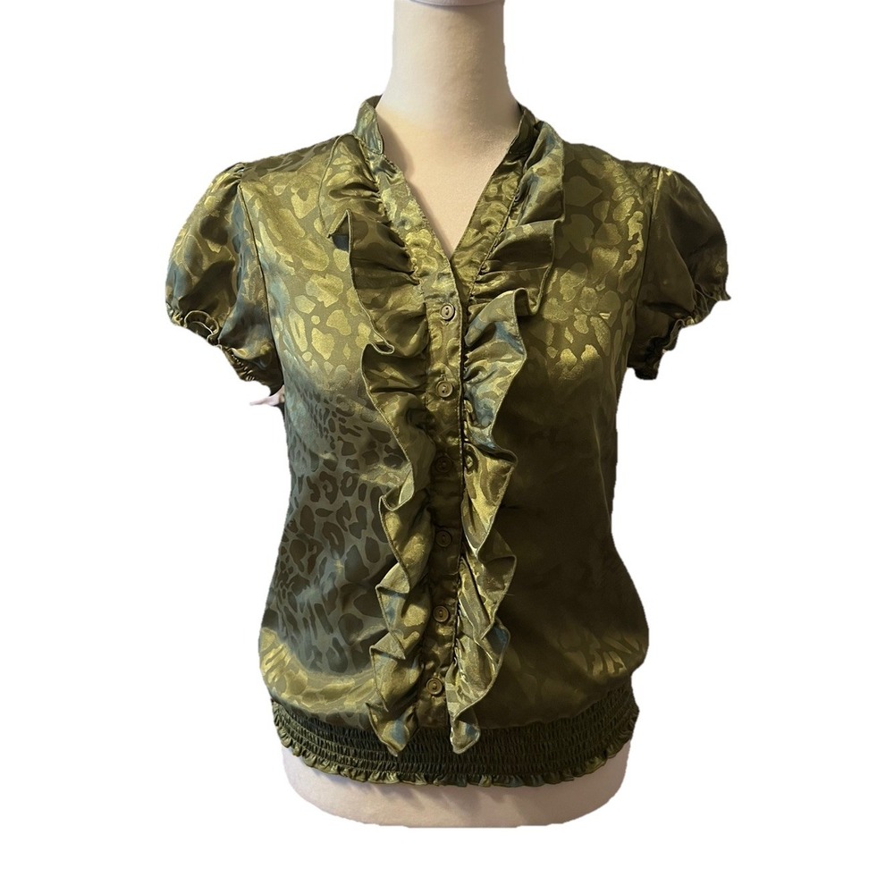 Y2K IZ Byer Satiny Green Cheetah Ruffle Button Up Top Fairy Whimsy Women's Small